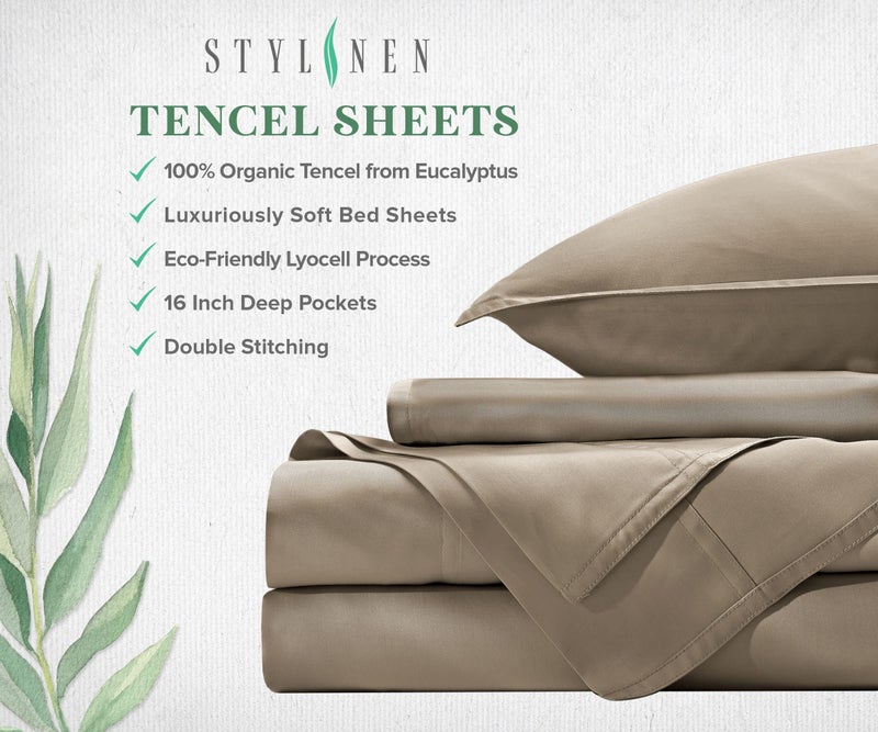 Stylinen 100% Organic Eucalyptus Bed Sheets Queen Size 4 Piece Set, Tencel Lyocell, Silky Soft & Smooth, Breathable, 16 Inch Deep Pockets, 1 Fitted, 1 Flat, 2 Pillowcases (Queen, Sand) - Image 4